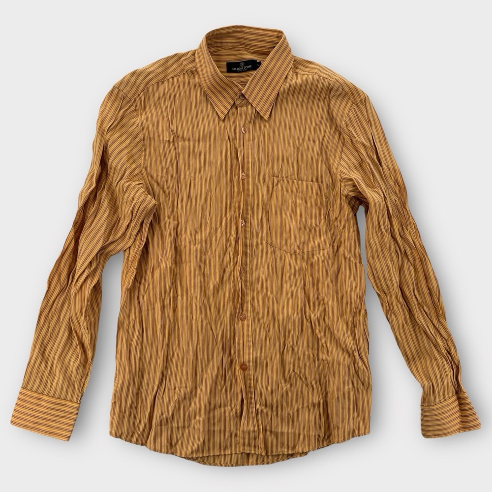 Bugatchi Uomo Shirt Mens Large‎ Button Up Striped Yellow Rayon Long Sleeve Dress